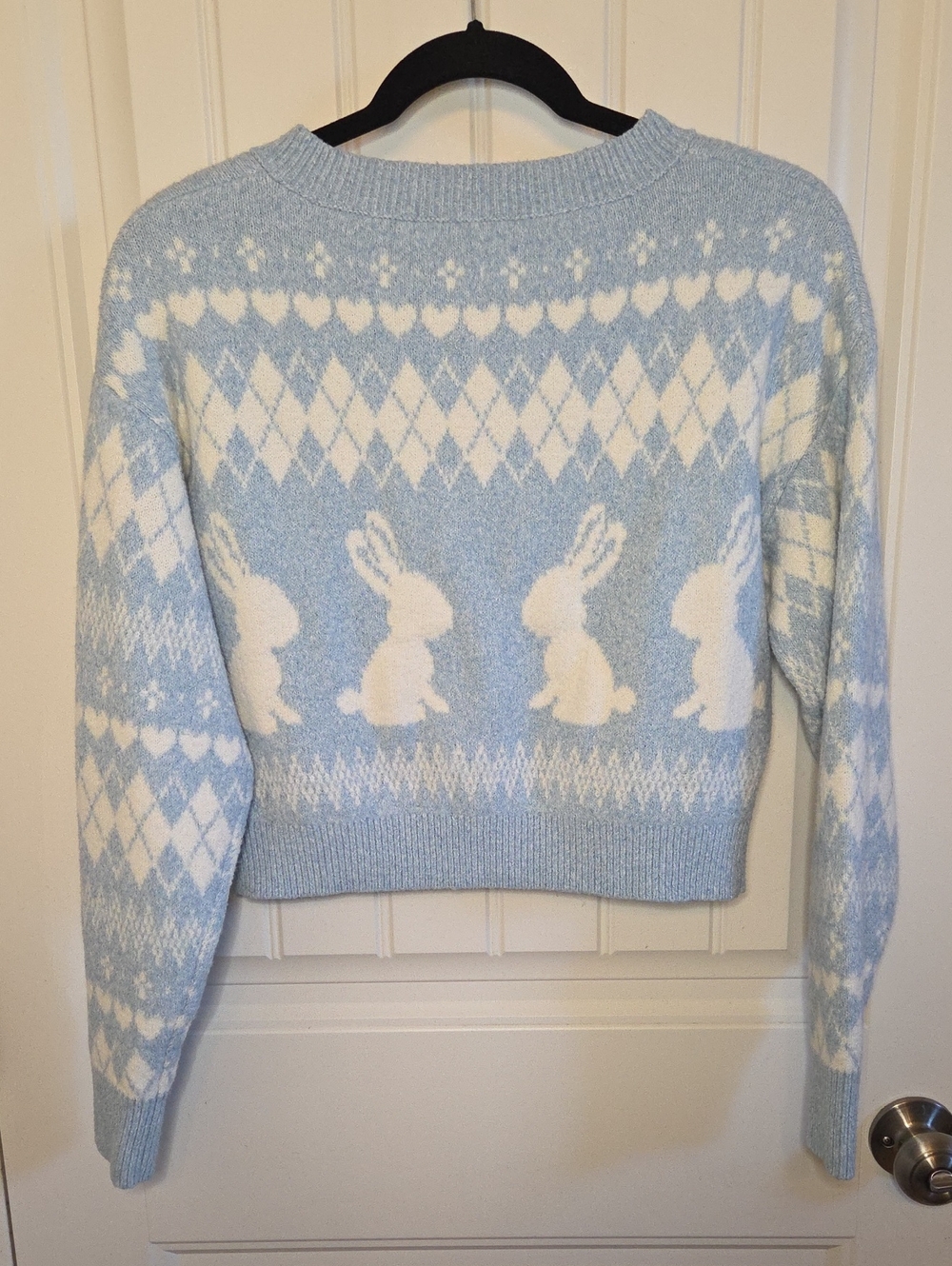 ๐ Light Blue and White Bunny Argyle Cardigan With Rhinestone Buttons - Picture 2 of 5